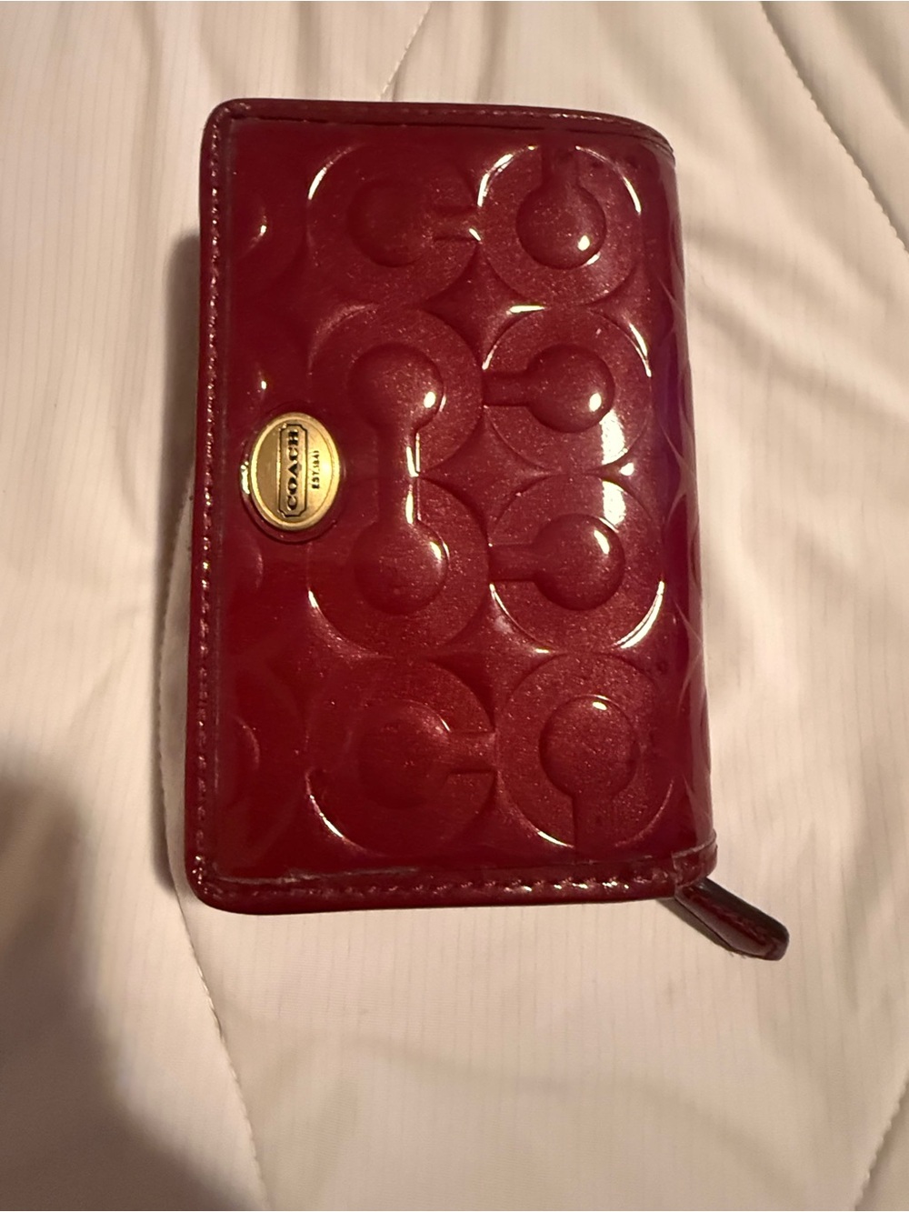 Coach Glossy Red Patent Signature Zip Wallet